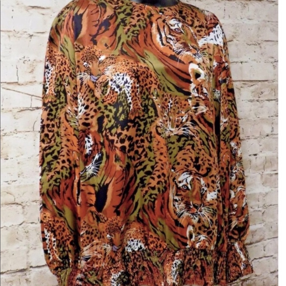 New Jerri Sherman Animal Tiger Print 100% Silk Blouse